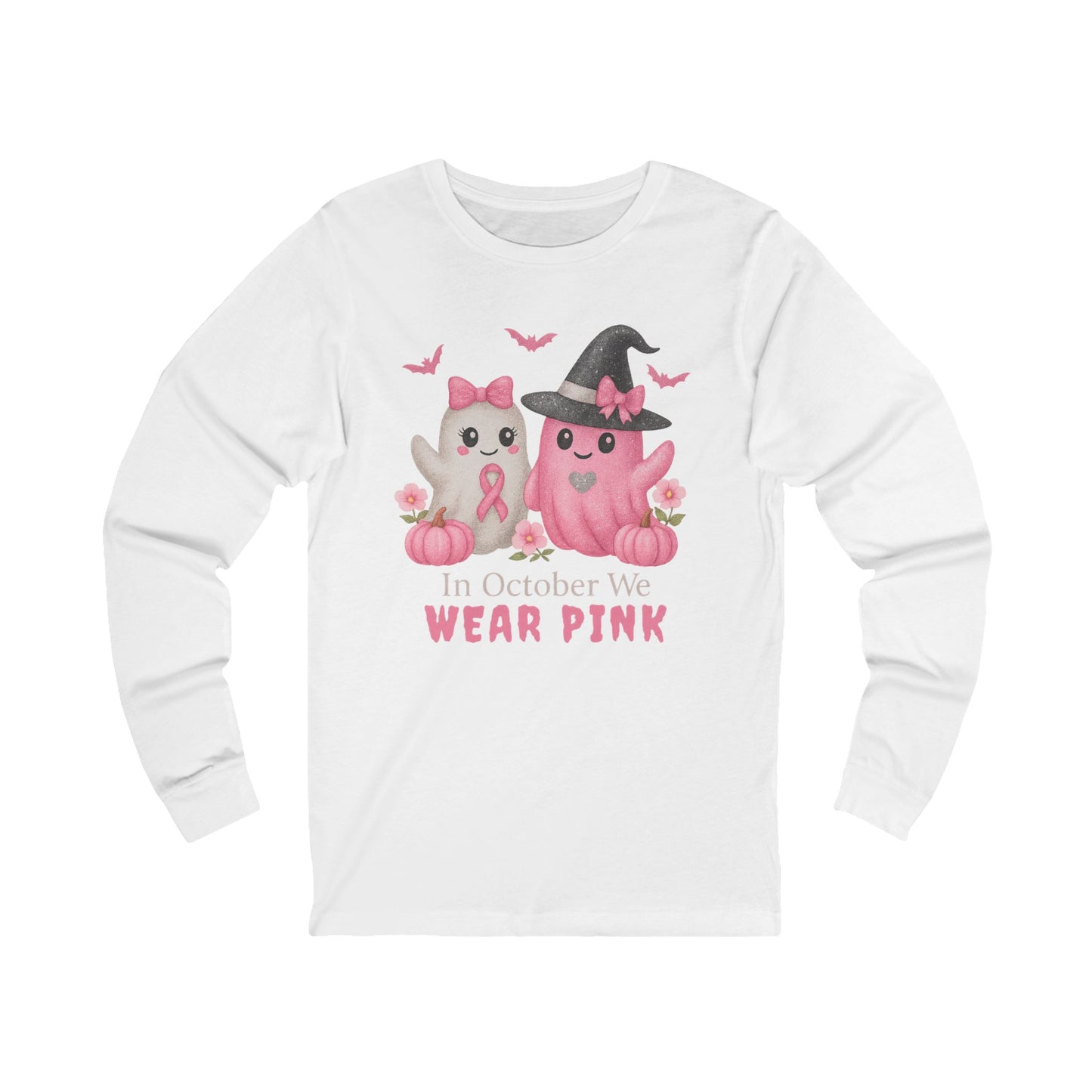 Unisex Long Sleeve Tee - Wear Pink for October, Breast Cancer Awareness, Cute Cat Design, Fall Fashion, Cozy Autumn Shirt