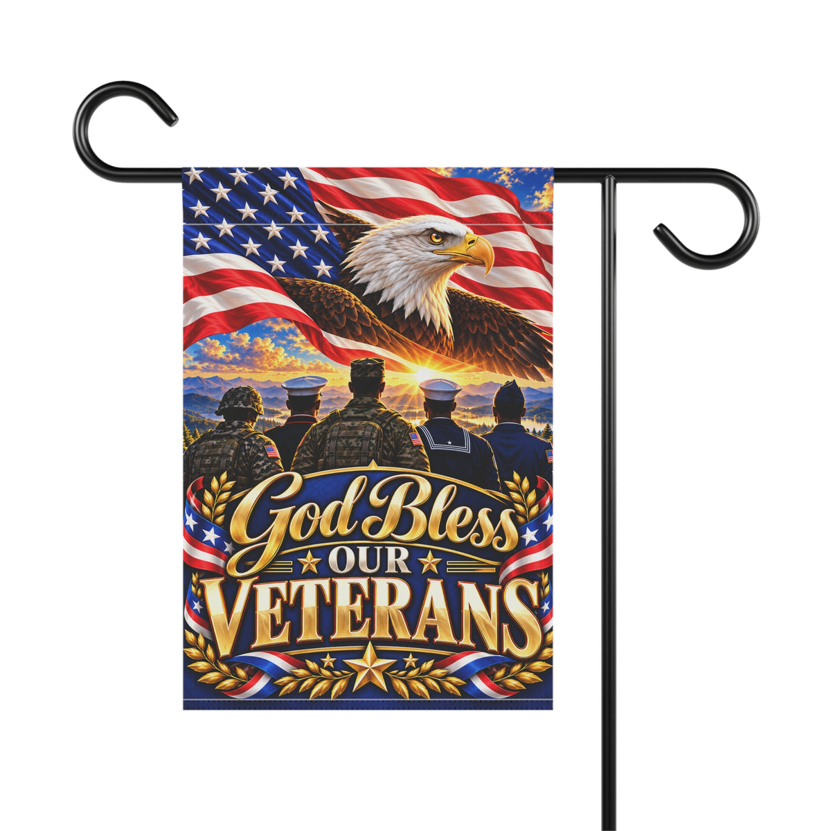 Veterans Garden Flag — "God Bless Our Veterans" Patriotic House Banner