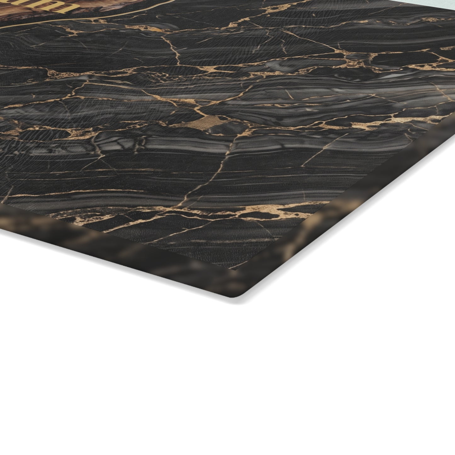 Personalized Family Name Cutting Board – Black Marble & Gold Glass Board