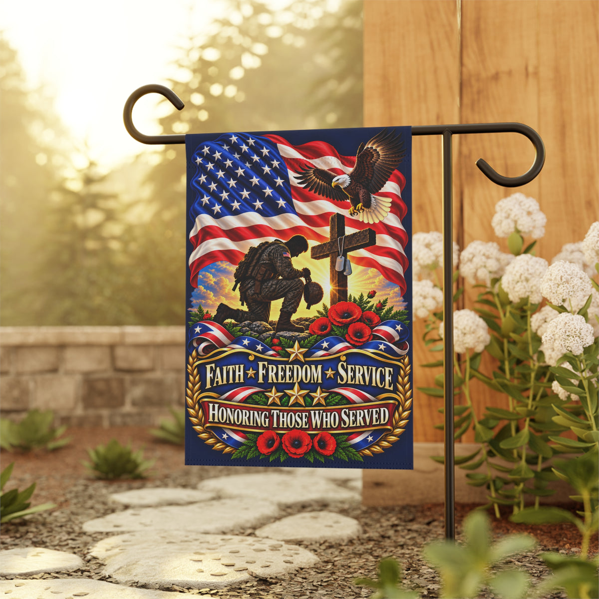 Memorial Military Garden Banner — "Faith • Freedom • Service" Patriotic Tribute