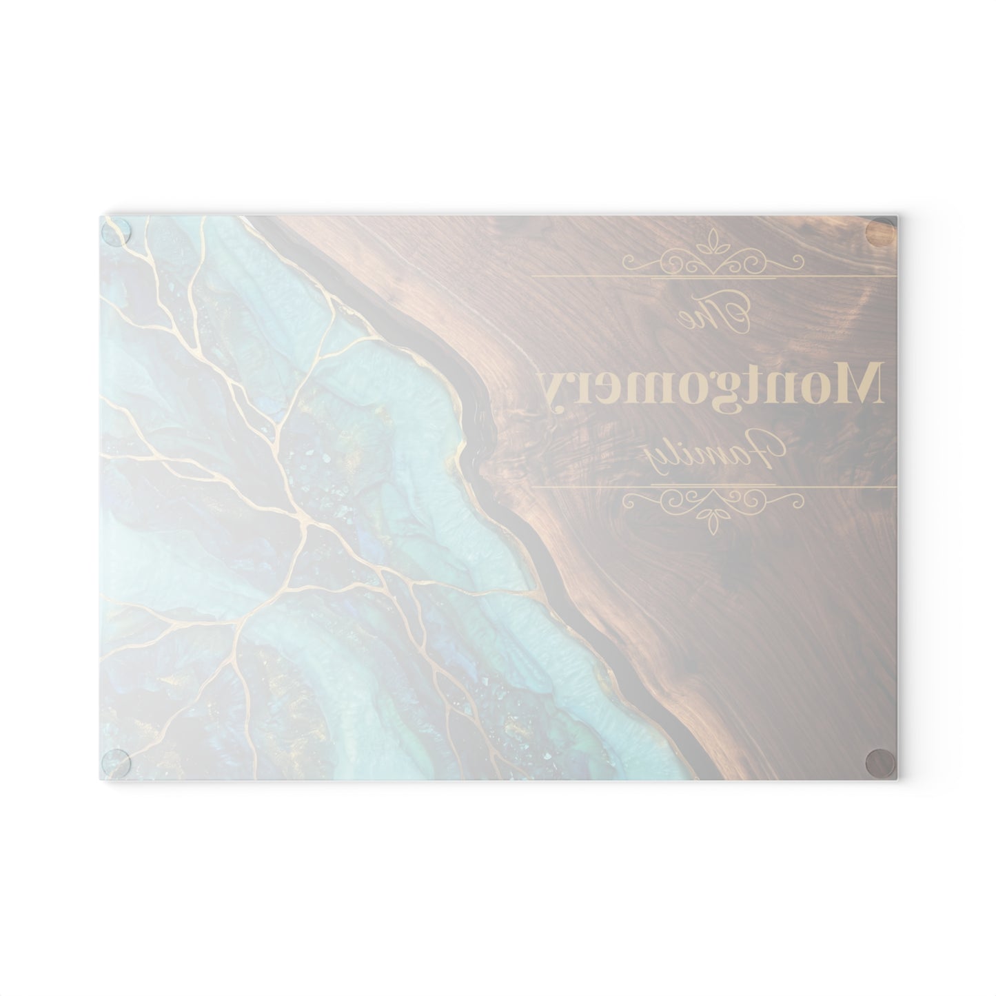 Personalized Family Name Cutting Board – Teal & Gold Glass Board