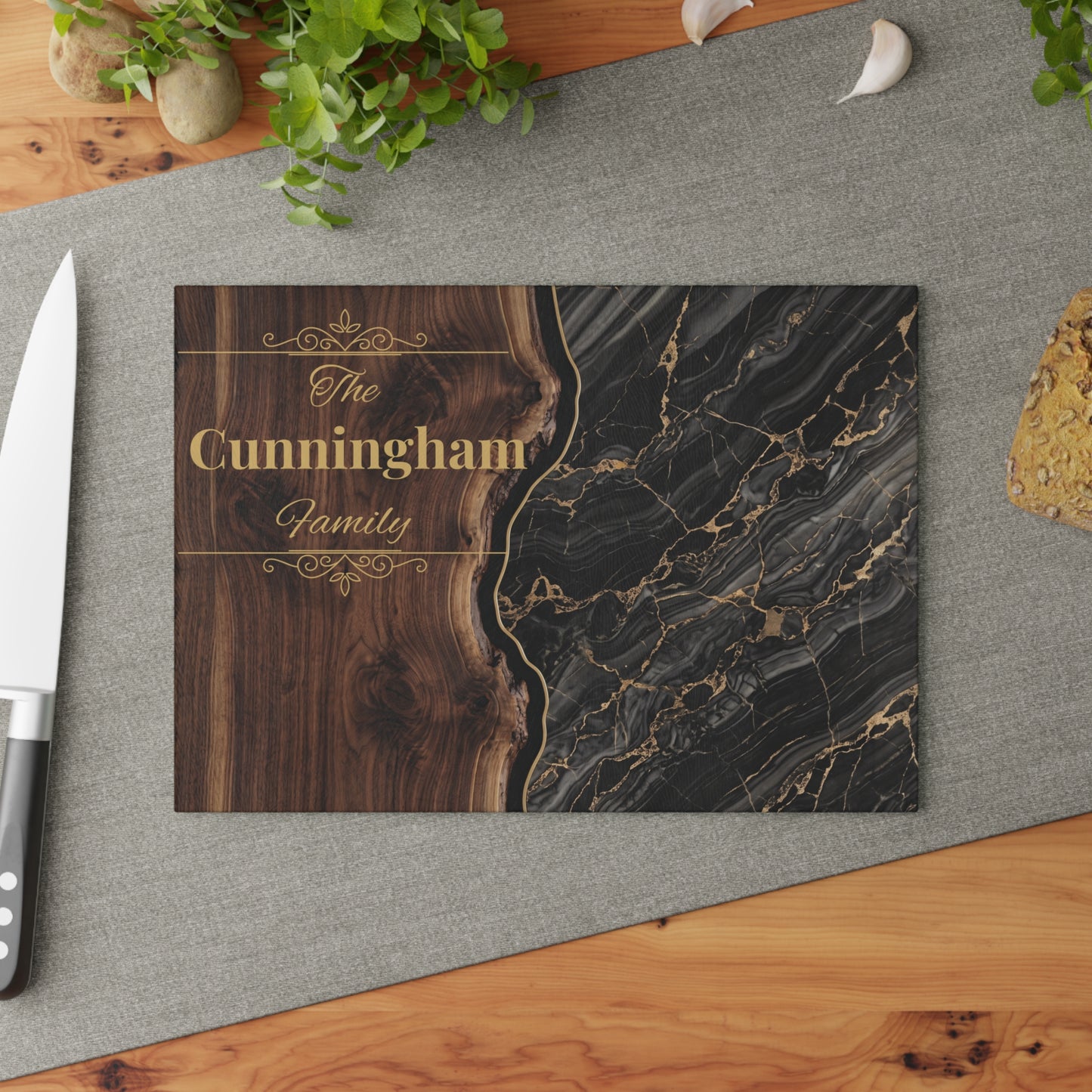 Personalized Family Name Cutting Board – Black Marble & Gold Glass Board
