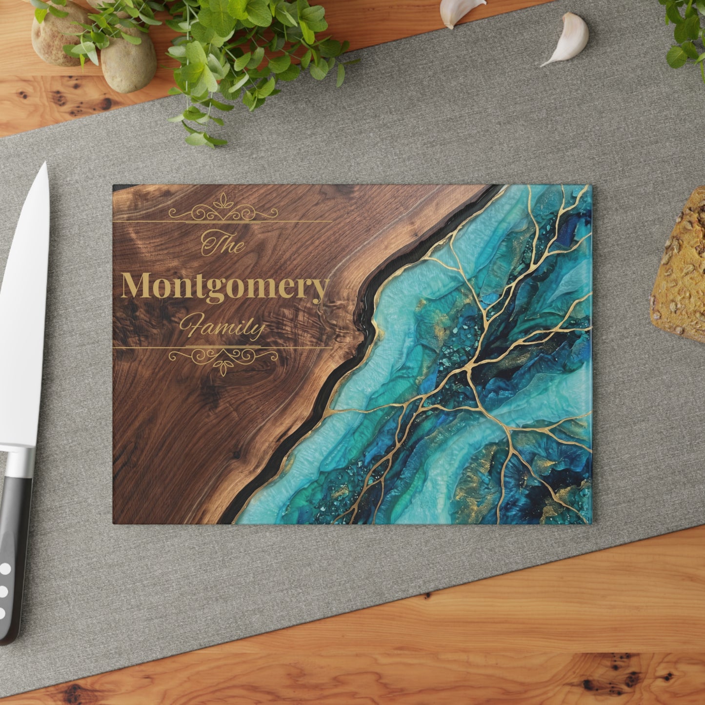 Personalized Family Name Cutting Board – Teal & Gold Glass Board