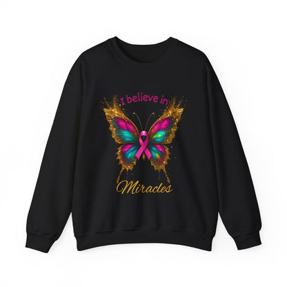 Uplifting pink-ribbon butterfly sweatshirt for faith, hope, and support. Cozy unisex fit—perfect gift for survivors, supporters, and Wear Pink season.
