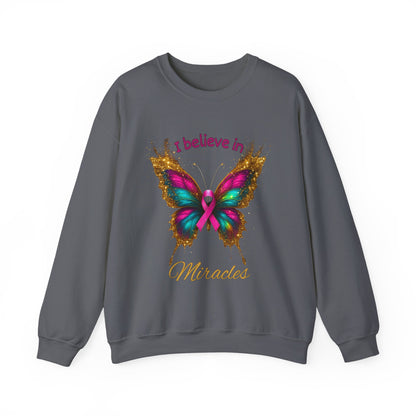 Uplifting pink-ribbon butterfly sweatshirt for faith, hope, and support. Cozy unisex fit—perfect gift for survivors, supporters, and Wear Pink season.