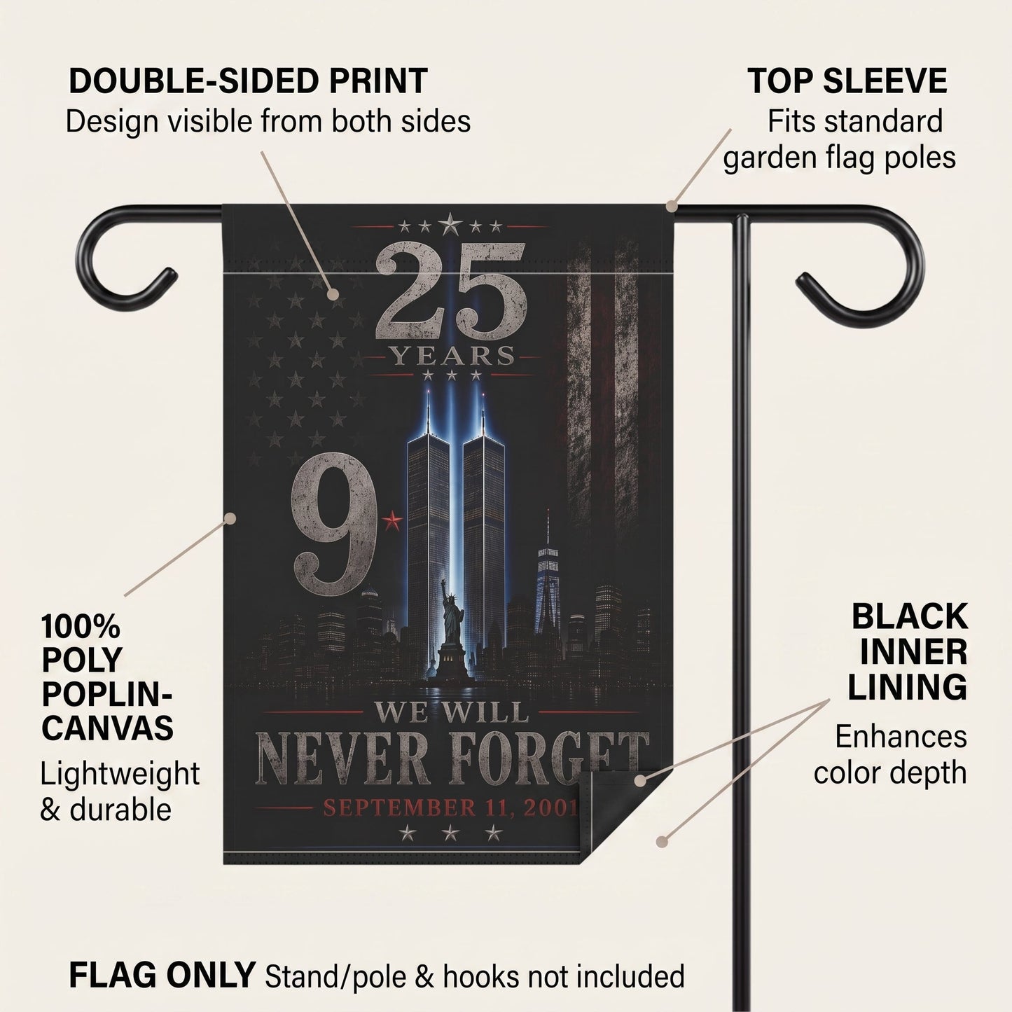 9/11 Never Forget Garden Flag — 25 Years Memorial Outdoor Banner - Perfect Touch Keepsakes