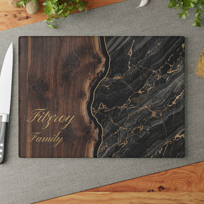 Personalized Marble & Walnut Glass Cutting Board — Custom 'Fitzroy Family' Design