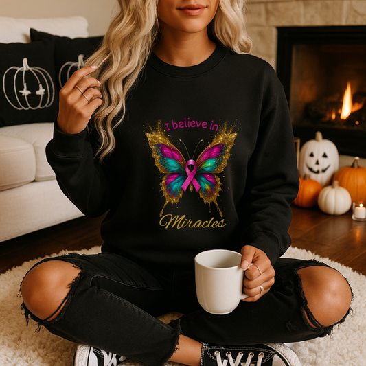 Uplifting pink-ribbon butterfly sweatshirt for faith, hope, and support. Cozy unisex fit—perfect gift for survivors, supporters, and Wear Pink season.