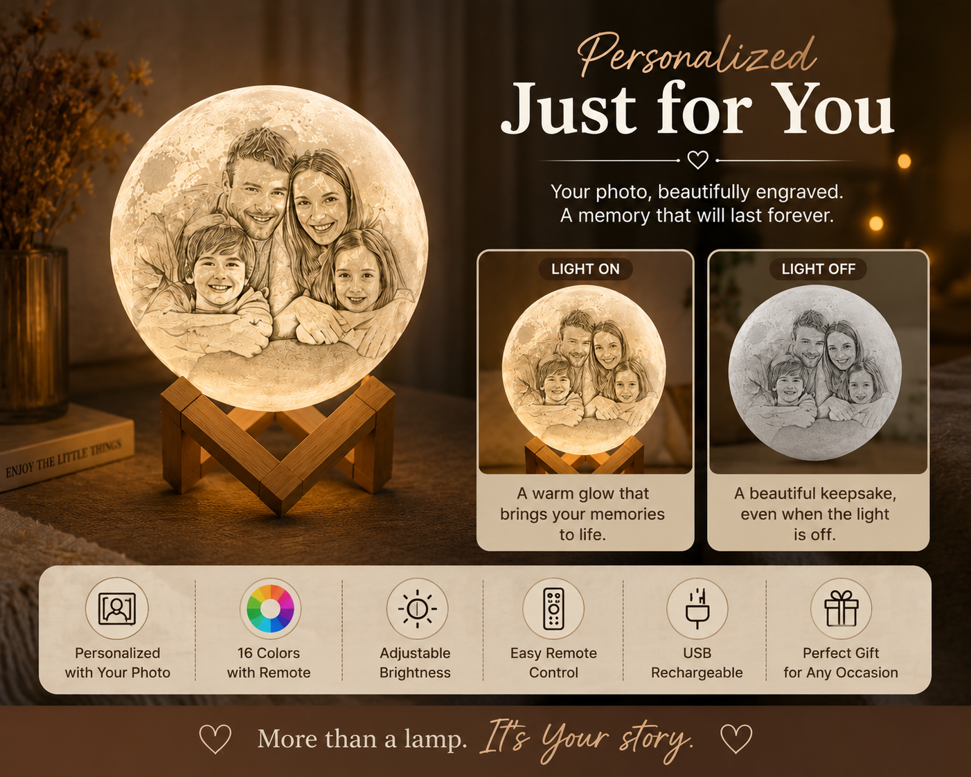 Personalized 3D Photo Moon Lamp – Custom Keepsake Light