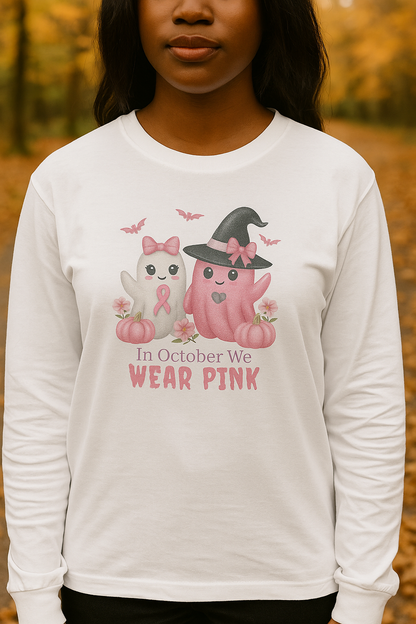 Unisex Long Sleeve Tee - Wear Pink for October, Breast Cancer Awareness, Cute Cat Design, Fall Fashion, Cozy Autumn Shirt