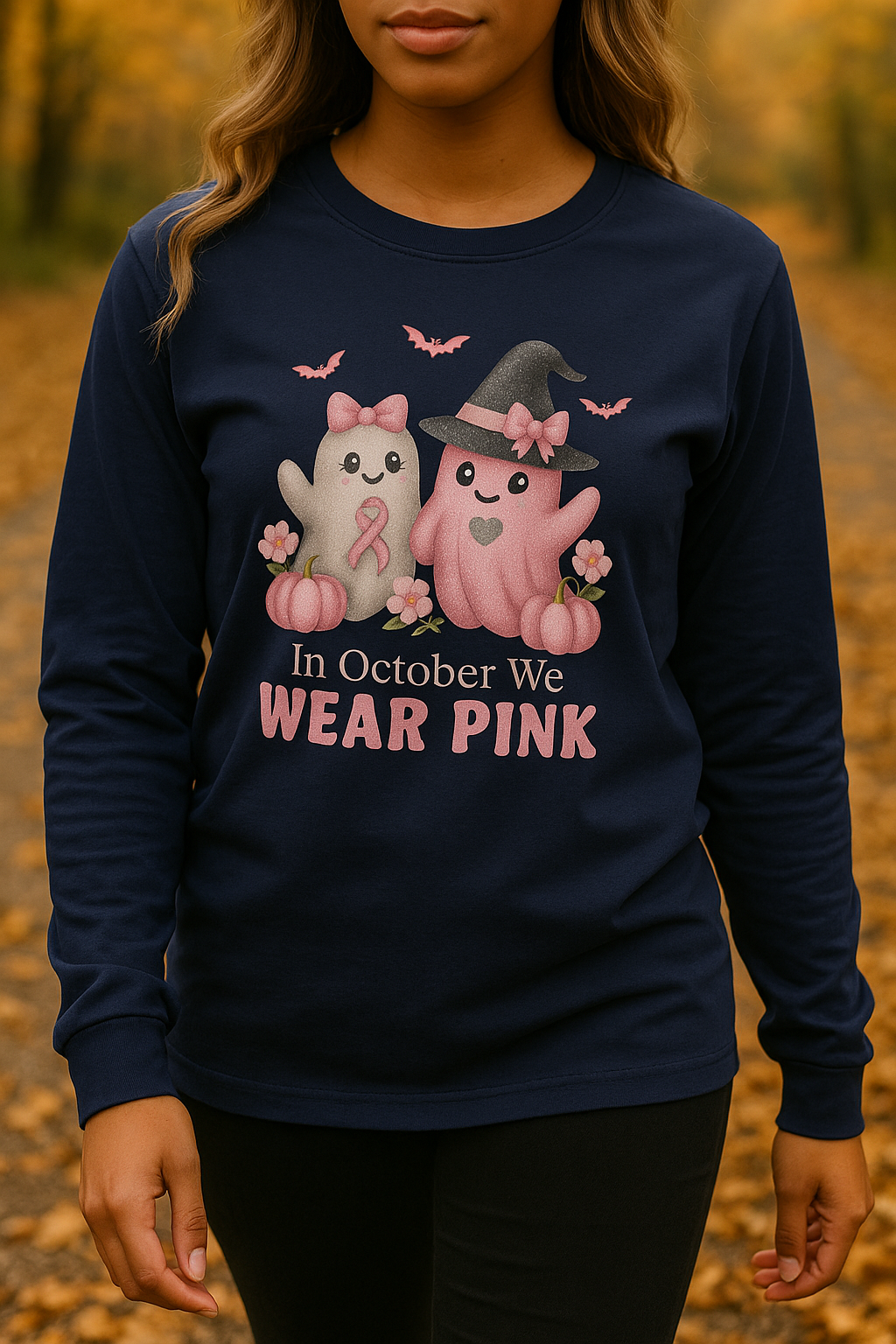 Unisex Long Sleeve Tee - Wear Pink for October, Breast Cancer Awareness, Cute Cat Design, Fall Fashion, Cozy Autumn Shirt