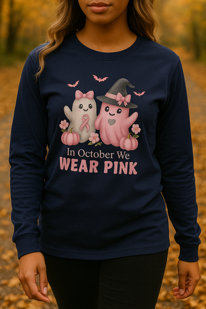 Unisex Long Sleeve Tee - Wear Pink for October, Breast Cancer Awareness, Cute Cat Design, Fall Fashion, Cozy Autumn Shirt