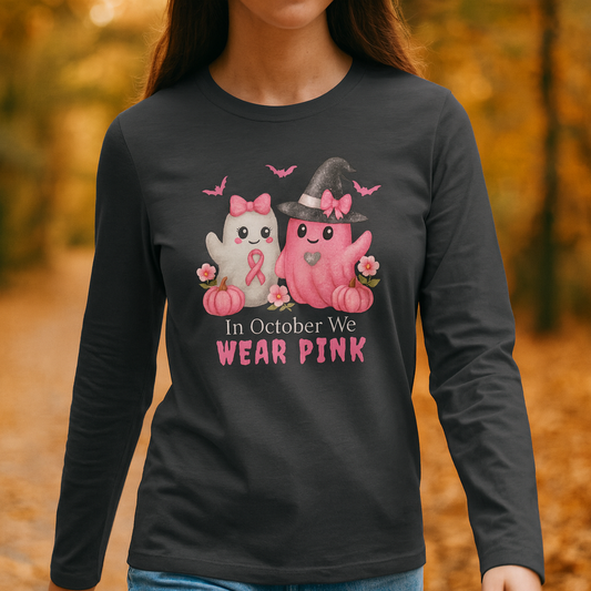 Unisex Long Sleeve Tee - Wear Pink for October, Breast Cancer Awareness, Cute Cat Design, Fall Fashion, Cozy Autumn Shirt