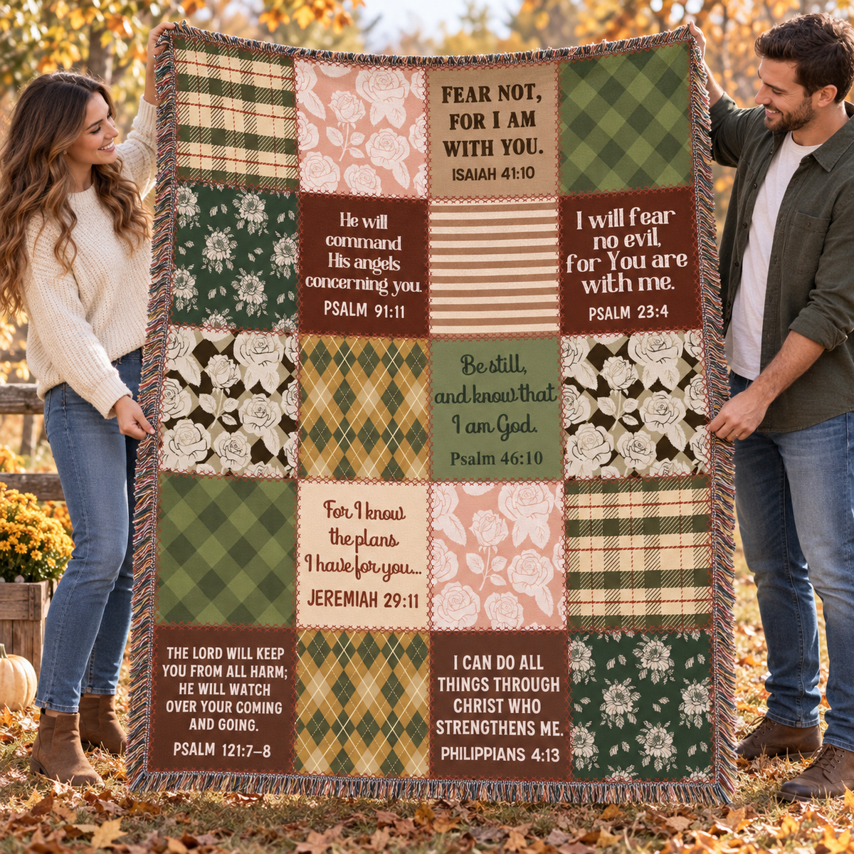Christian Scripture Patchwork Woven Blanket – Bible Verse Faith Throw