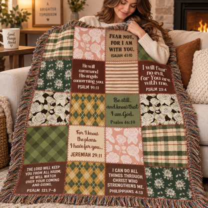 Christian Scripture Patchwork Woven Blanket – Bible Verse Faith Throw