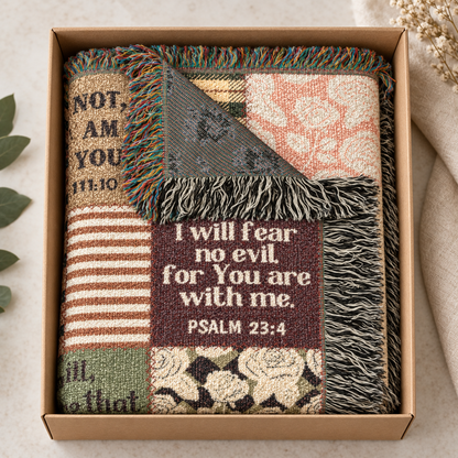 Christian Scripture Patchwork Woven Blanket – Bible Verse Faith Throw