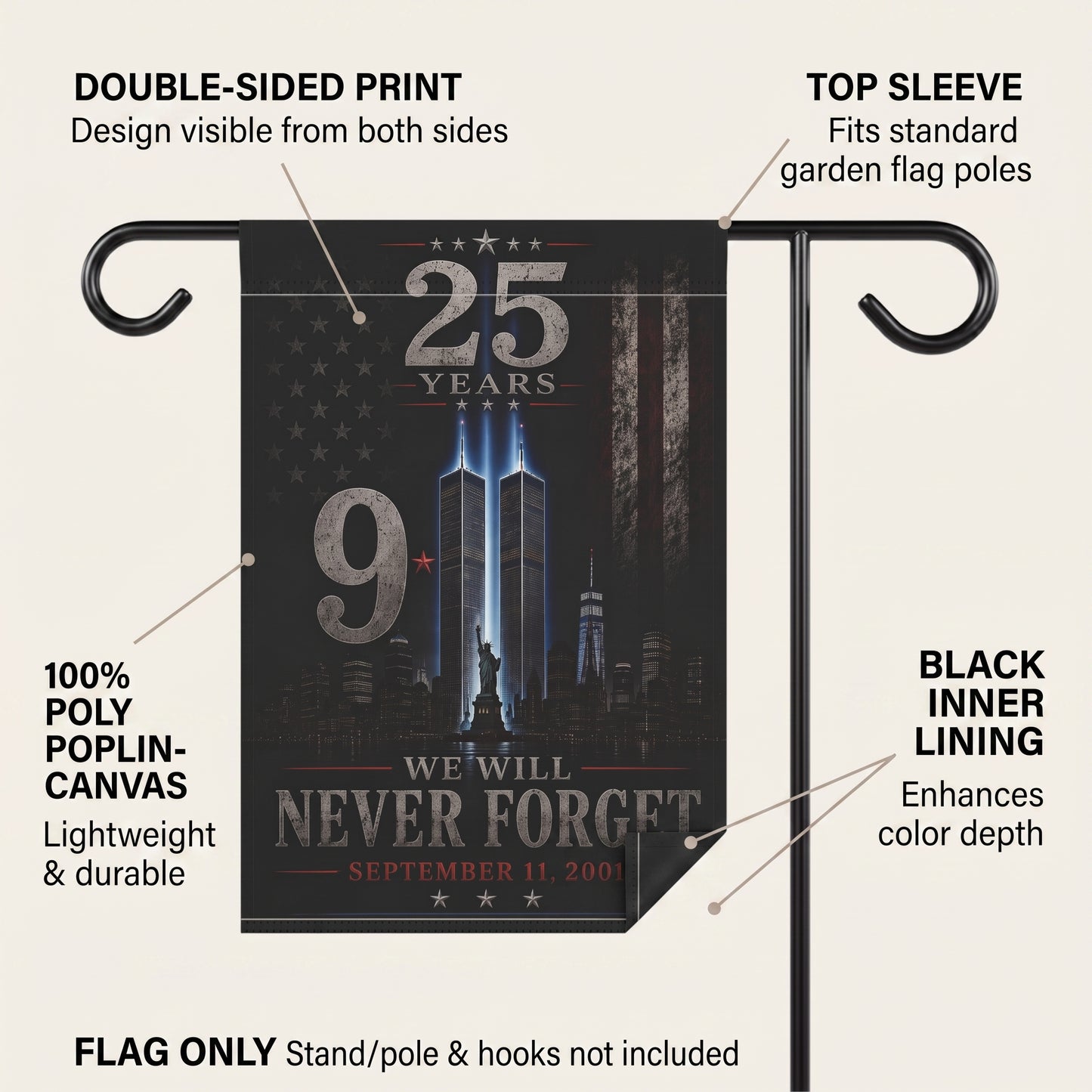 9/11 Never Forget Garden Flag — 25 Years Memorial Outdoor Banner