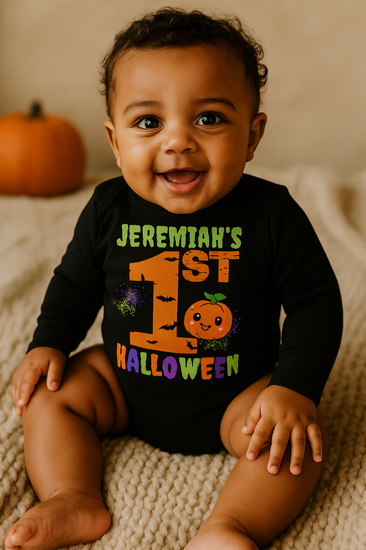 Personalized Baby’s 1st Halloween Long-Sleeve Onesie – Custom Name Pumpkin Bodysuit | Infant Fall Outfit & Photo Prop