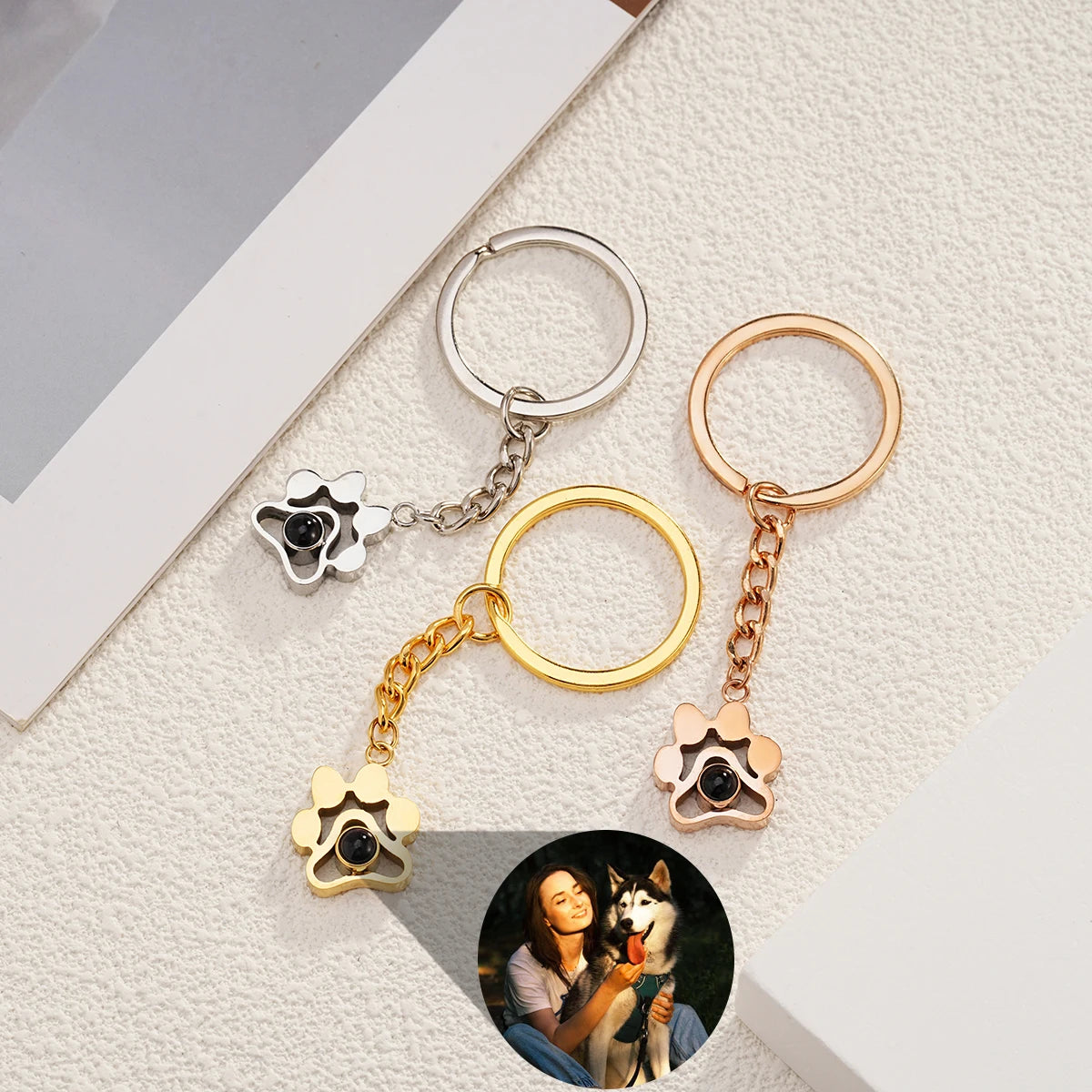 Custom Stainless Steel Photo Keychain Personalized dog Claw Projection keychain Custom Cat Dog Pet Photo Keyring Memory Jewelry - My Store