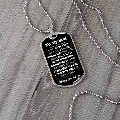 To My Son Dog Tag Necklace – Military Pendant in Stainless Steel or 18K Gold, Optional Back Engraving, Inspirational Gift for Son
