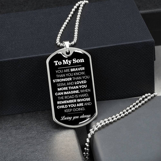 To My Son Dog Tag Necklace – Military Pendant in Stainless Steel or 18K Gold, Optional Back Engraving, Inspirational Gift for Son