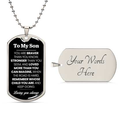 To My Son Dog Tag Necklace – Military Pendant in Stainless Steel or 18K Gold, Optional Back Engraving, Inspirational Gift for Son