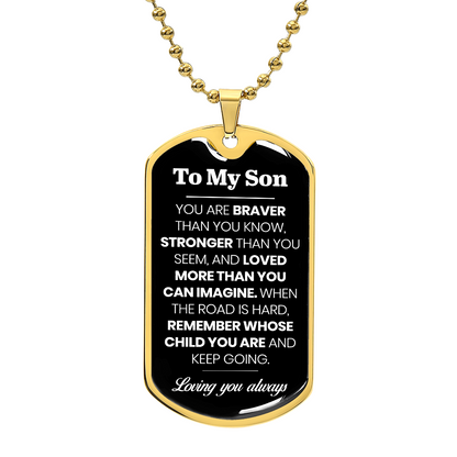 To My Son Dog Tag Necklace – Military Pendant in Stainless Steel or 18K Gold, Optional Back Engraving, Inspirational Gift for Son