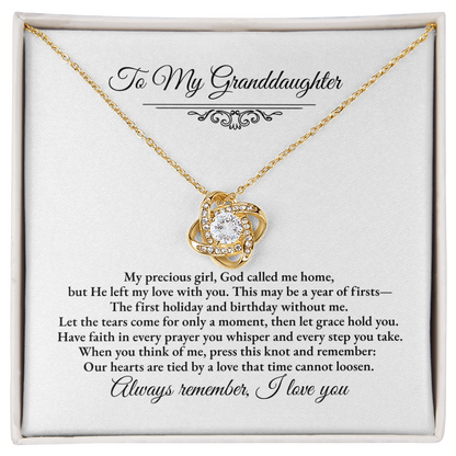 Granddaughter Remembrance Love Knot Necklace – Year of Firsts Message Card, Memorial Gift from Grandma/Grandpa, 14K White or 18K Yellow Gold, Gift Box or LED Luxury Box