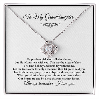 Granddaughter Remembrance Love Knot Necklace – Year of Firsts Message Card, Memorial Gift from Grandma/Grandpa, 14K White or 18K Yellow Gold, Gift Box or LED Luxury Box