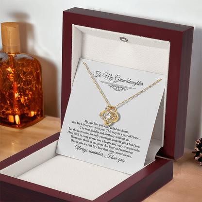 Granddaughter Remembrance Love Knot Necklace – Year of Firsts Message Card, Memorial Gift from Grandma/Grandpa, 14K White or 18K Yellow Gold, Gift Box or LED Luxury Box