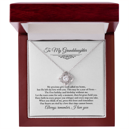 Granddaughter Remembrance Love Knot Necklace – Year of Firsts Message Card, Memorial Gift from Grandma/Grandpa, 14K White or 18K Yellow Gold, Gift Box or LED Luxury Box