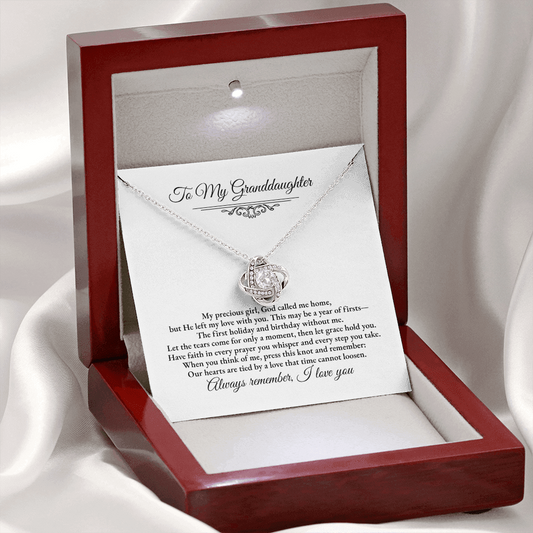 Granddaughter Remembrance Love Knot Necklace – Year of Firsts Message Card, Memorial Gift from Grandma/Grandpa, 14K White or 18K Yellow Gold, Gift Box or LED Luxury Box