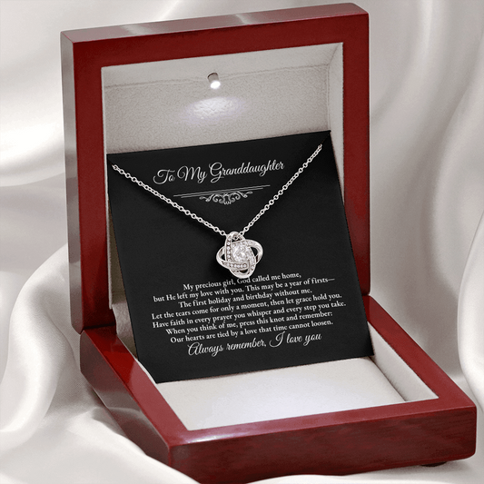 Granddaughter Remembrance Love Knot Necklace – Year of Firsts Message Card, Memorial Gift from Grandma/Grandpa, 14K White or 18K Yellow Gold, Gift Box or LED Luxury Box