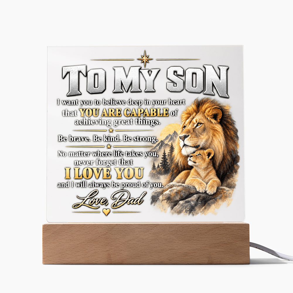 To My Son Acrylic Plaque – Lion Heart Courage Gift from Dad