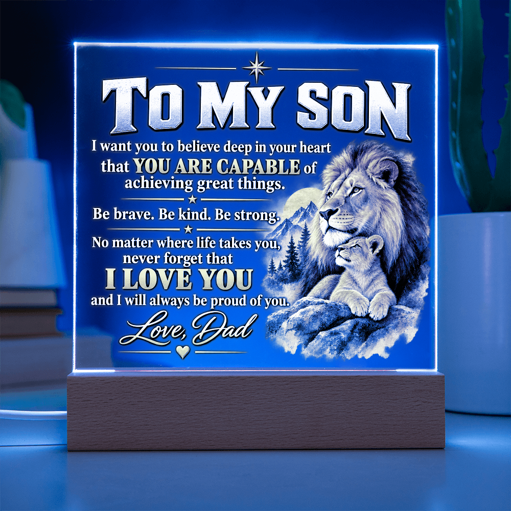 To My Son Acrylic Plaque – Lion Heart Courage Gift from Dad