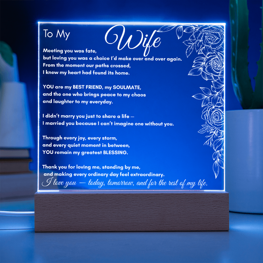 To My Wife LED Acrylic Plaque – Romantic Gift for Wife, Anniversary, Birthday, Wedding, Love Poem Keepsake  With Rose Clusters