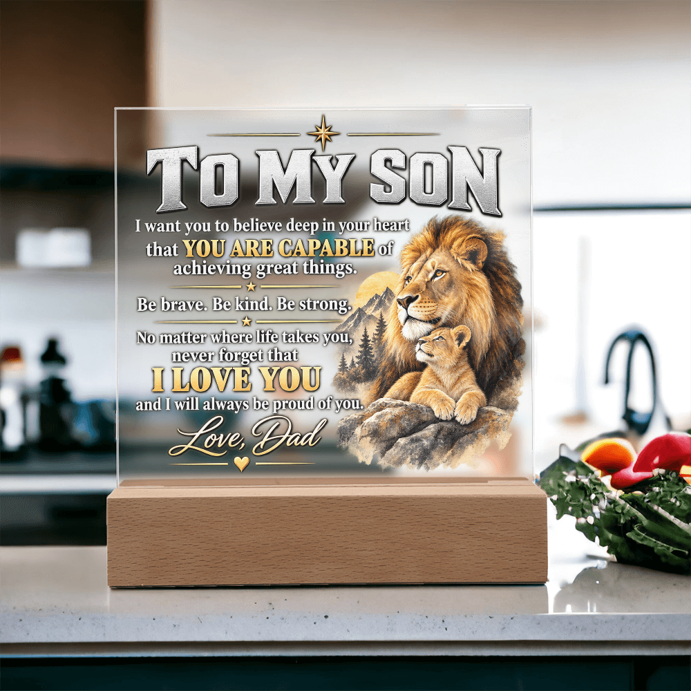 To My Son Acrylic Plaque – Lion Heart Courage Gift from Dad