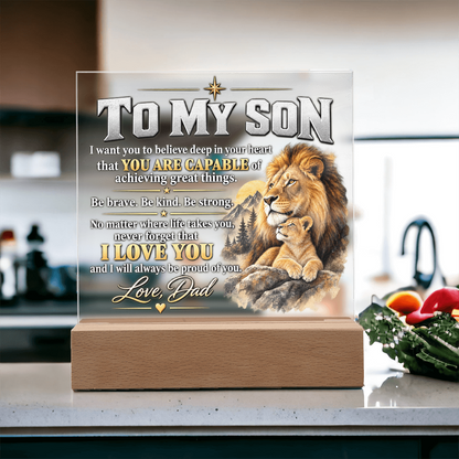 To My Son Acrylic Plaque – Lion Heart Courage Gift from Dad