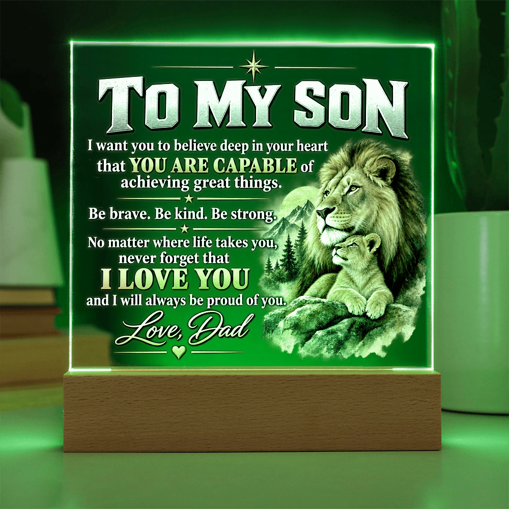 To My Son Acrylic Plaque – Lion Heart Courage Gift from Dad