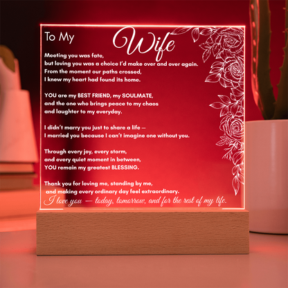 To My Wife LED Acrylic Plaque – Romantic Gift for Wife, Anniversary, Birthday, Wedding, Love Poem Keepsake  With Rose Clusters