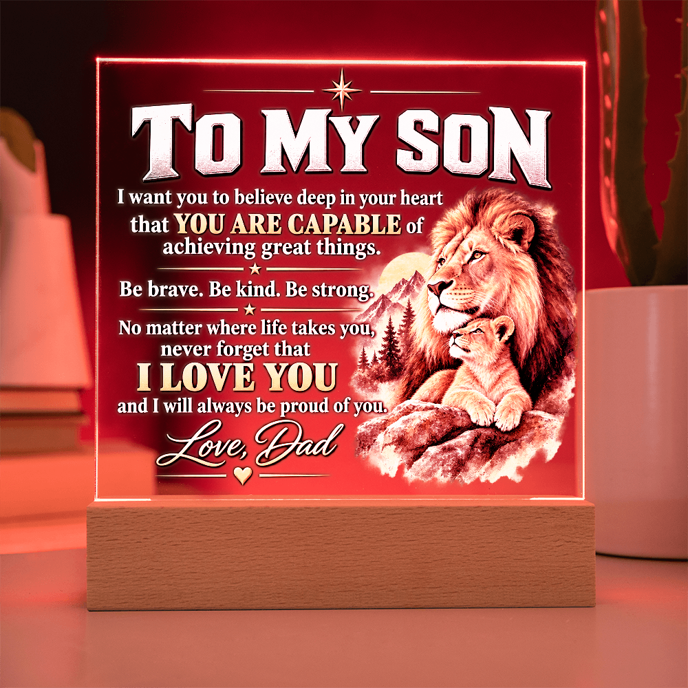 To My Son Acrylic Plaque – Lion Heart Courage Gift from Dad