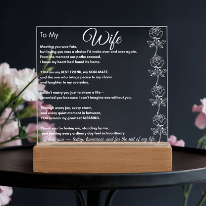 To My Wife LED Acrylic Plaque – Soulmate & Best Friend Gift | Romantic Anniversary | Birthday Keepsake | Holiday Keepsake | Anytime Keepsake Gift| Vertical Roses