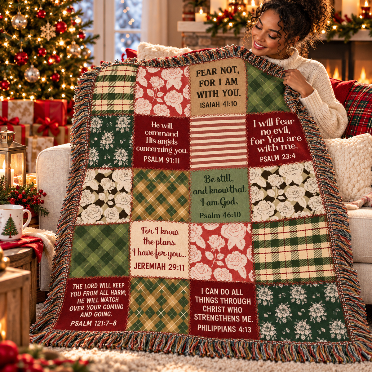 Christian Scripture Patchwork Woven Blanket - Perfect Touch Keepsakes
