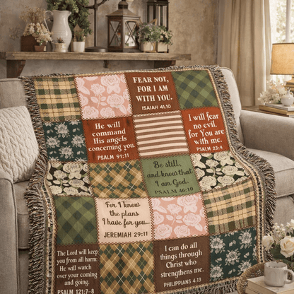 Christian Scripture Patchwork Woven Blanket – 80” x 60” Heirloom Throw - Perfect Touch Keepsakes