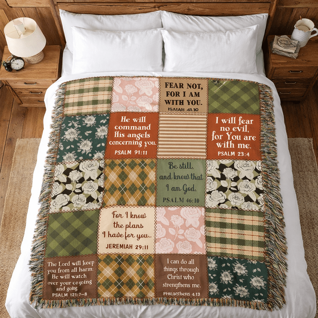 Christian Scripture Patchwork Woven Blanket – 80” x 60” Heirloom Throw - Perfect Touch Keepsakes