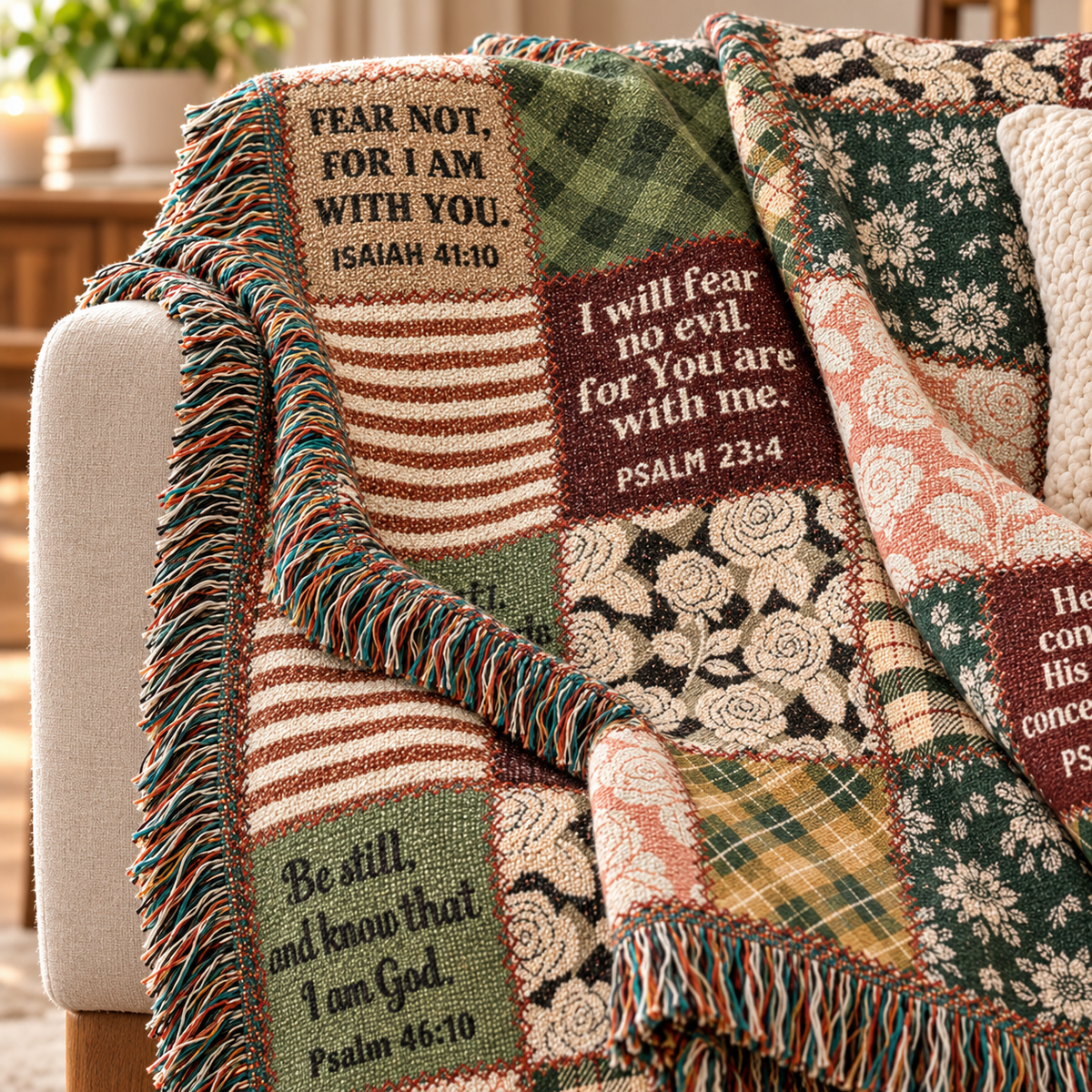 Christian Scripture Patchwork Woven Blanket - Perfect Touch Keepsakes