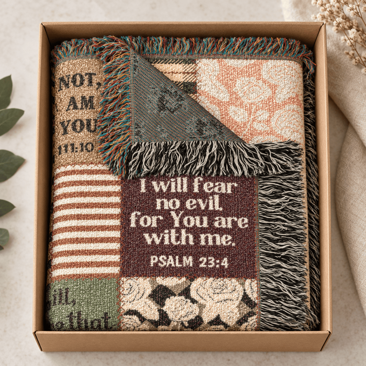 Christian Scripture Patchwork Woven Blanket – Bible Verse Faith Throw - Perfect Touch Keepsakes