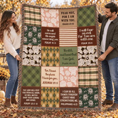 Christian Scripture Patchwork Woven Blanket – Bible Verse Faith Throw - Perfect Touch Keepsakes
