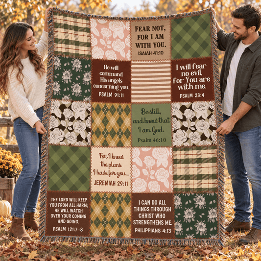 Christian Scripture Patchwork Woven Blanket – Bible Verse Faith Throw - Perfect Touch Keepsakes