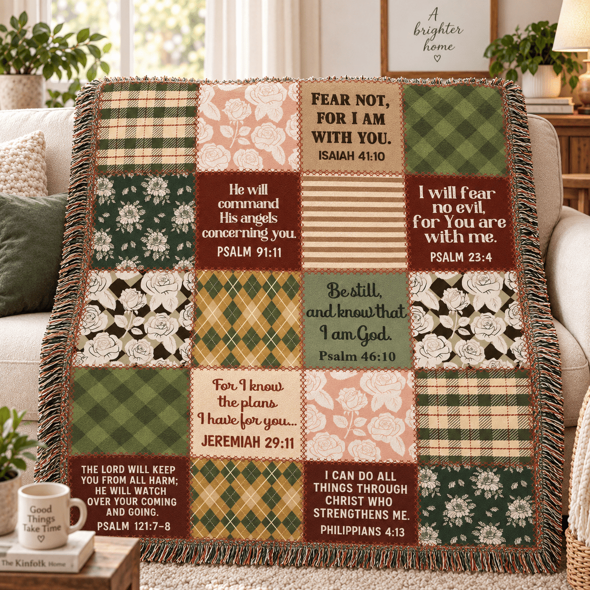 Christian Scripture Patchwork Woven Blanket – Bible Verse Faith Throw - Perfect Touch Keepsakes